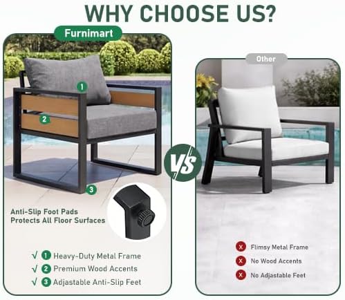 Furnimart Patio Furniture Set, 4-Piece Metal Outdoor Sectional, 5-Seat Patio Conversation Set with Deep Seating, Thick Cushions & Coffee Table for Backyard, Porch & Deck, Gray