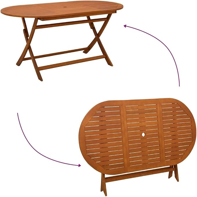 vidaXL Outdoor Dining Table, Folding Patio Table with Umbrella Hole, Garden Furniture for Porch Backyard, Modern Style, Solid Eucalyptus Wood
