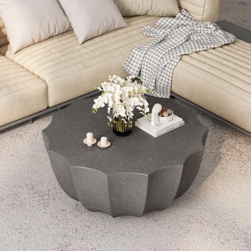 35" Indoor Round Coffee Table, Waterproof Coffee Table Modern MgO Cement Design End Tables for Living Room, Outdoor Patio Coffee Tables for Garden, Backyard, Balcony, Grey