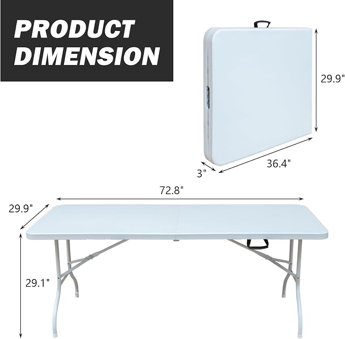 6ft Plastic Folding Table Portable Heavy Duty White Dining Table Fold-in-Half for Camp Party Kitchen Indoor Outdoor