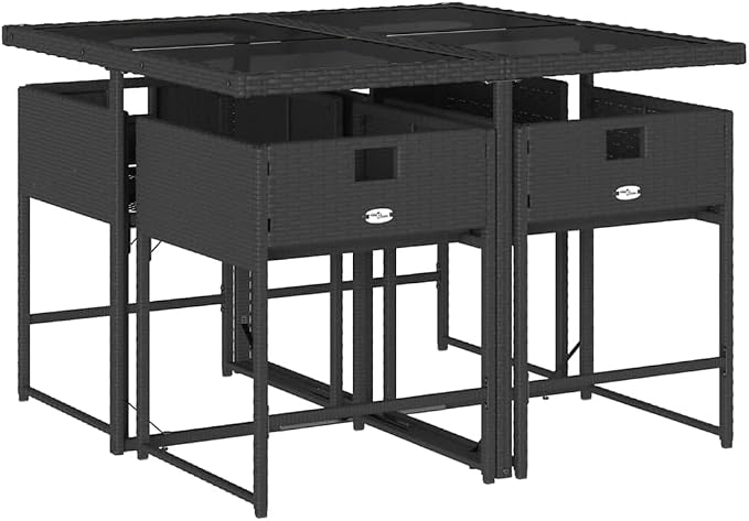 5 Piece Patio Dining Set with Cushions Black Poly Rattan Outdoor Table and 4 Folding Chairs for Garden Backyard Deck Tempered Glass Top UV-Proof Space-Saving