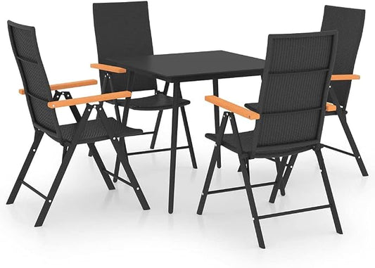 5-Piece PE Rattan Garden Dining Set with Glass Table, Black and Brown, 7-Position Adjustable Backrests for Outdoor Patio Balcony