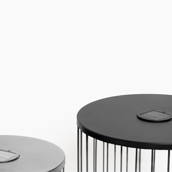 2-Pack 17.7 and 13.8 Inch Outdoor Side Tables, Solar Powered Side Tables with LED Lights, Round Metal Nesting Patio End Tables for Balcony Garden or Living Room, Black