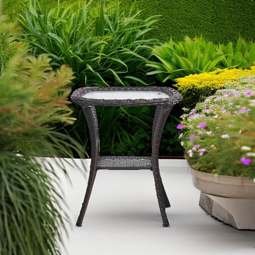 HUMMUH 20x20 Inch Wicker Patio Side Table with Glass Top, Espresso Brown | Powder-coated aluminum frame, PE rattan, lower storage shelf, 66 lb weight capacity, 20x20x22 inch dimensions