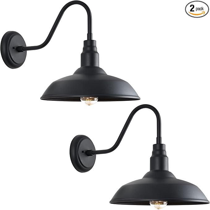 14 Inch Gooseneck Barn Lighting Outdoor Large Exterior Gooseneck Light Fixtures, Matte Black Farmhouse Barn Lights 2 Pack Outside Goose Neck Deck Wall Sconce for House, Garage