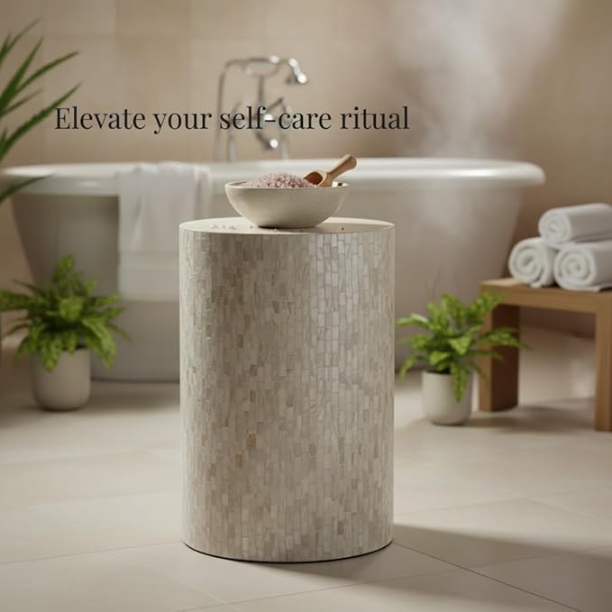 PEMAR Mother of Pearl Cylinder Drum End Table Nacre Side Stool Round Accent Table Coffee Bedside Nightstand and Vanity Stool 13" Diameter x 19.3" High Pearl White & Cream