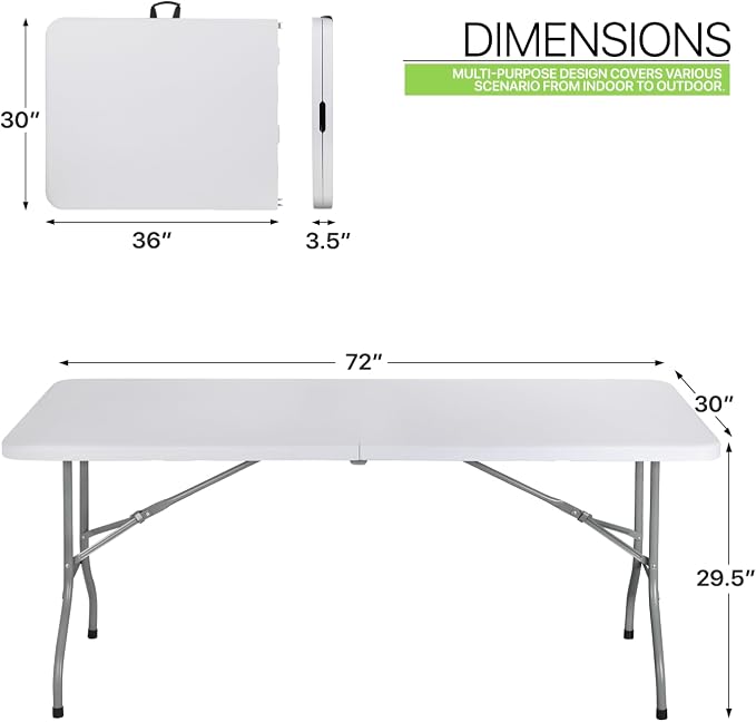 Magshion 6ft Plastic Folding Table with Handle for Indoor Outdoor, 6 Foot Utility Commercial Craft Foldable Table for Party Events, White