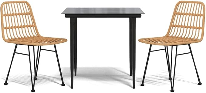 3 Piece Patio Dining Set, PE Rattan Wicker Bistro Set with Square Tempered Glass Table and 2 Chairs, Powder-Coated Steel Frame Outdoor Furniture for Balcony and Small Space