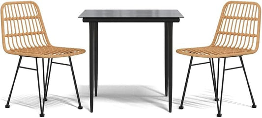 3 Piece Patio Dining Set, PE Rattan Bistro Set with Square Tempered Glass Table and 2 Dining Chairs, Outdoor Furniture for Porch Backyard Balcony and Small Spaces, Black