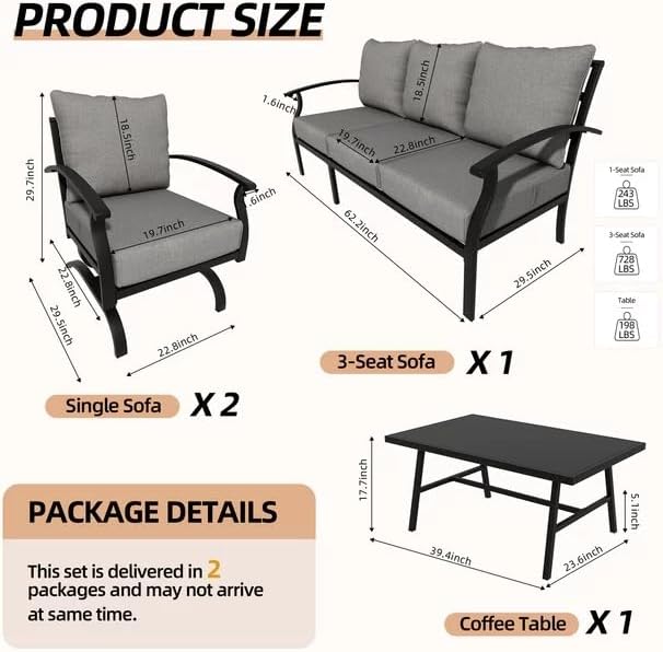Kurapika Metal Patio Furniture Set 5-Seat Modern Metal Bistro Set Outdoor Conversation Sets, 2 Piece Patio Rocker Chairs with Thick Cushion and Coffee Table for Garden Backyard Deck Lawn, Grey