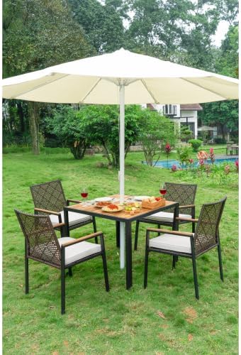 5-Piece Outdoor Patio Furniture Dining Set, All-Weather Rattan Conversation Set with Umbrella Hole, Weather Resistant Table and Chairs for Garden/Backyard Deck (Dark Brown)
