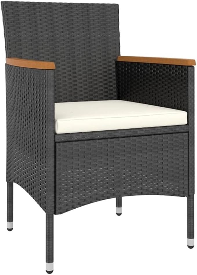 Afuera Living 5-Piece Garden Dining Set, Black/Cream White Poly Rattan, Medium, Square Acacia Wood Table and Cushioned Chairs, Powder-Coated Finish, Modern Indoor/Outdoor Patio Furniture for Balcony