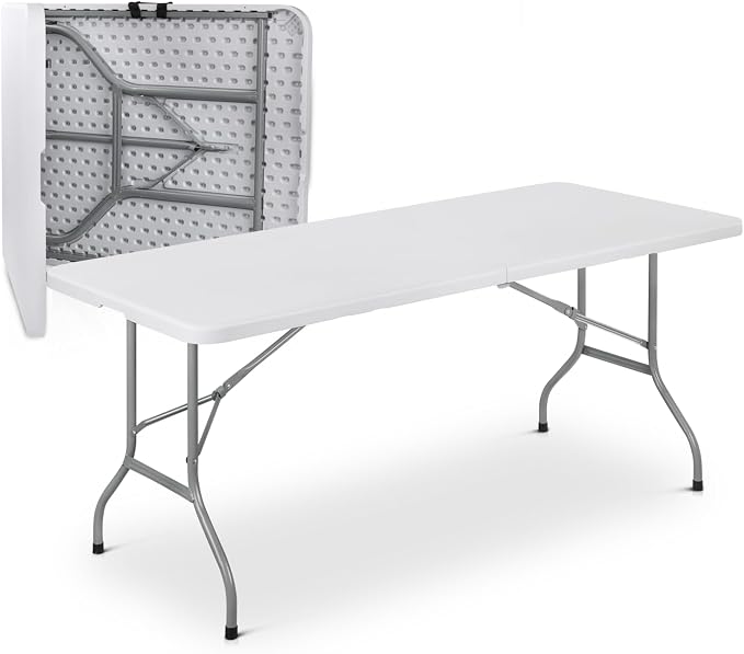 Magshion 6ft Plastic Folding Table with Handle for Indoor Outdoor, 6 Foot Utility Commercial Craft Foldable Table for Party Events, White