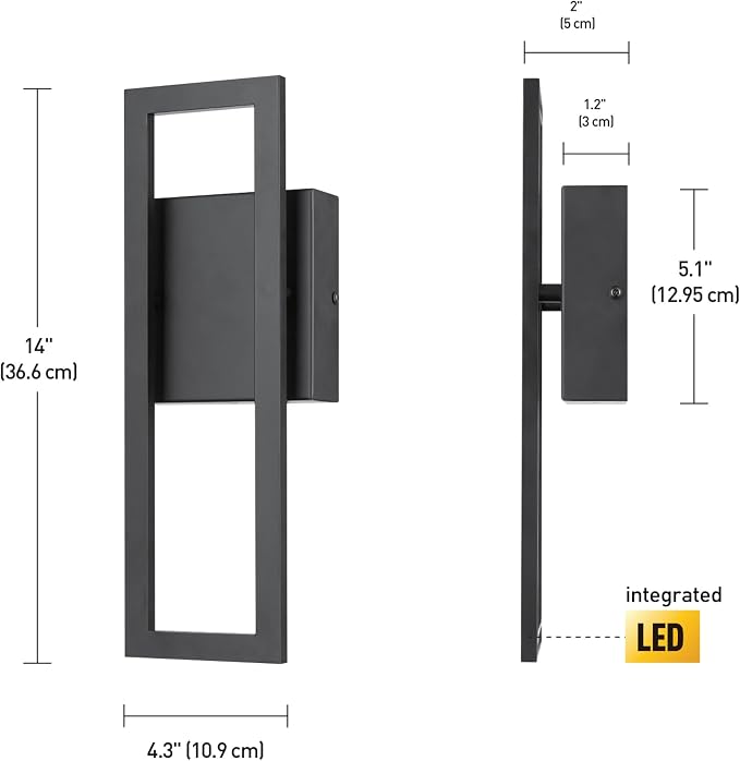 Globe Electric 51432 LED Integrated Outdoor Indoor Wall Sconce, Black, 17 Watts, 520 Lumens, Back Porch Lights, Front Patio, Garage Fixture, Exterior Lighting for House