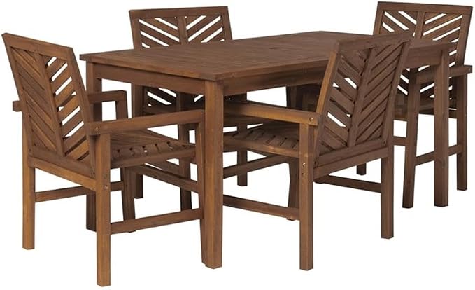 Walker Edison 4 Person Outdoor Wood Chevron Patio Furniture Dining Set Table Chairs All Weather Backyard Conversation Garden Poolside Balcony, 5 Piece, Dark Brown