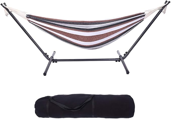 9 Ft Portable Outdoor Hammock Set with Iron Stand, Heavy Duty 2-Person, Polyester, for Backyard and Camping (Coffee)