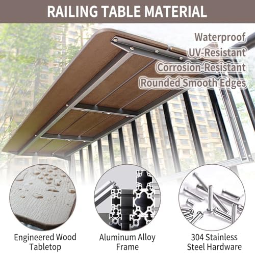 Adjustable Brown Balcony Bar Table for Railings, Folding Hanging Patio Table, Weather-Resistant Aluminum Side Table for Indoor/Outdoor Use (31.5x14.6in)