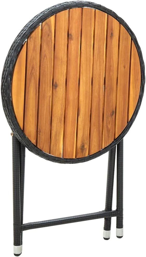 Black PE Rattan Round Folding Tea Table Solid Acacia Wood Compact Foldable Outdoor Indoor Use Rustic Style Balcony Garden Furniture