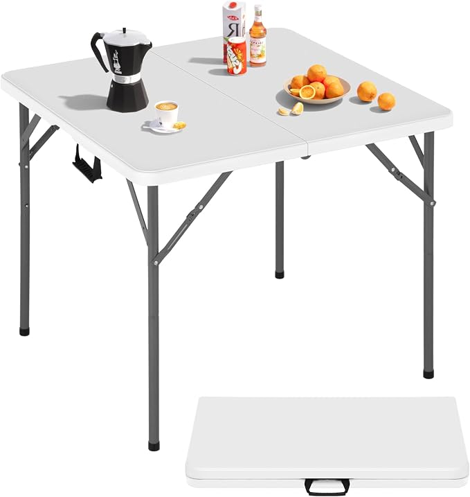34 Inch Square Folding Table - Heavy Duty Portable Card Table for Indoor & Outdoor, Compact PVC Tabletop with Sturdy Metal Frame, Multi-Purpose for Dining, Parties, Backyard, Poolside, Balcony (White)
