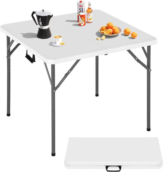 34 Inch Square Folding Table - Heavy Duty Portable Card Table for Indoor & Outdoor, Compact PVC Tabletop with Sturdy Metal Frame, Multi-Purpose for Dining, Parties, Backyard, Poolside, Balcony (White)