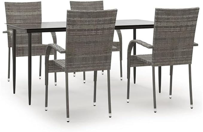 Afuera Living 5-Piece PE Rattan Patio Dining Set, Powder-Coated Steel, Gray Finish, Includes Rectangular Table and 4 Stackable Chairs, Weather-Resistant Outdoor Furniture for Garden, Balcony, or Patio