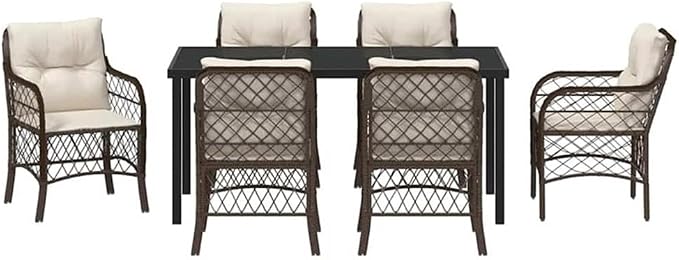 Afuera Living 7-Piece Poly Rattan Patio Dining Set, Black Finish with Cushions, Powder-Coated Steel Frame, Tempered Glass Tabletop, Weather-Resistant Outdoor Fabric, Seating for 6, Ideal for Garden