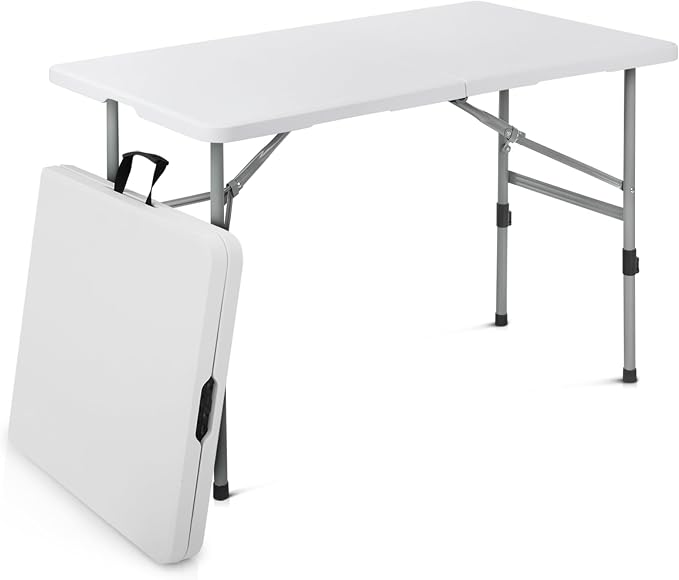 Athena Collection 4ft Folding Table, Lightweight Portable Desk with Handle, Square Foldable Plastic Table for Card Games, Collapsible Dining, Indoor Outdoor Camping Picnic & Party Use, White