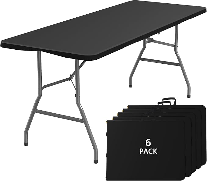 6PK Black Folding Table, 6FT Portable Plastic Folding Table, Foldable Dining Tables with Carrying Handle for Party, Picnic, Camping, Easy to Fold and Storage, for Indoor or Outdoor Use
