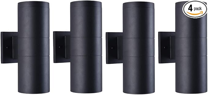 mirrea 12" Modern Outdoor Porch Light in 2 Lights, Matte Black, 4 Pack | Aluminum cylinder exterior fixtures, tempered glass cover, waterproof wall sconce & patio light for outdoor use.
