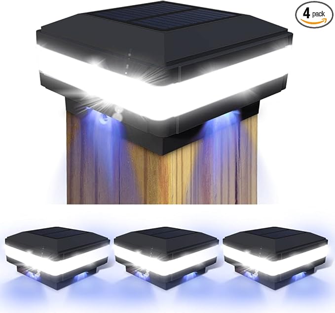 Solar Post Cap Lights Outdoor, 52 LEDs 160LM 6000K Cool White, 4 Pack Black | IP65 Waterproof Fence Post Lights, Compatible with 4x4 5x5 Wooden Posts, Fit for Patio Garden Yard Porch