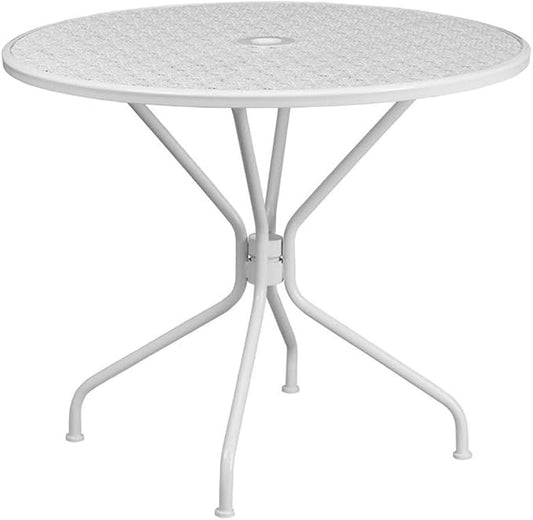 Afuera Living Round Steel Patio Dining Table, 35.25 in, White Powder Coat Finish, Flower Print Top with Umbrella Hole, Indoor/Outdoor Durable Bistro Table for Home, Cafe, Restaurant