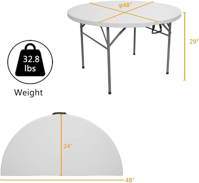 Simply-Me Patio Dining Table 48 Inch Fold-in-Half Round Folding Table Indoor Outdoor Utility Table with 4 Steel Feet,Carrying Handle,White