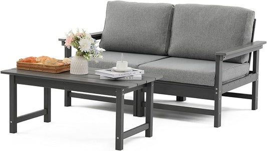 HDPE Outdoor Loveseat Patio Furniture Set with Cushions, 3 Piece Patio Conversation Set Sofa Set,All Weather Outdoor Couch Set with Coffee Table for Lawn, Garden, Deck