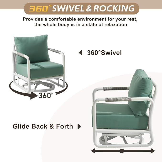 5-Piece Outdoor Swivel Rocker Set with Ottomans, Aluminum Frame & 6.5" Thick Cushions, 380LBS Capacity & Side Table for Porch, Backyard
