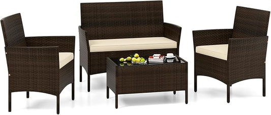 4 Piece Patio Furniture Set, Sectional Conversation Sofa Set with Glass Coffee Table, Cushions & Loveseat, Wicker Outdoor Table and Chairs for Pool, Garden, Deck, Backyard (1, Beige)