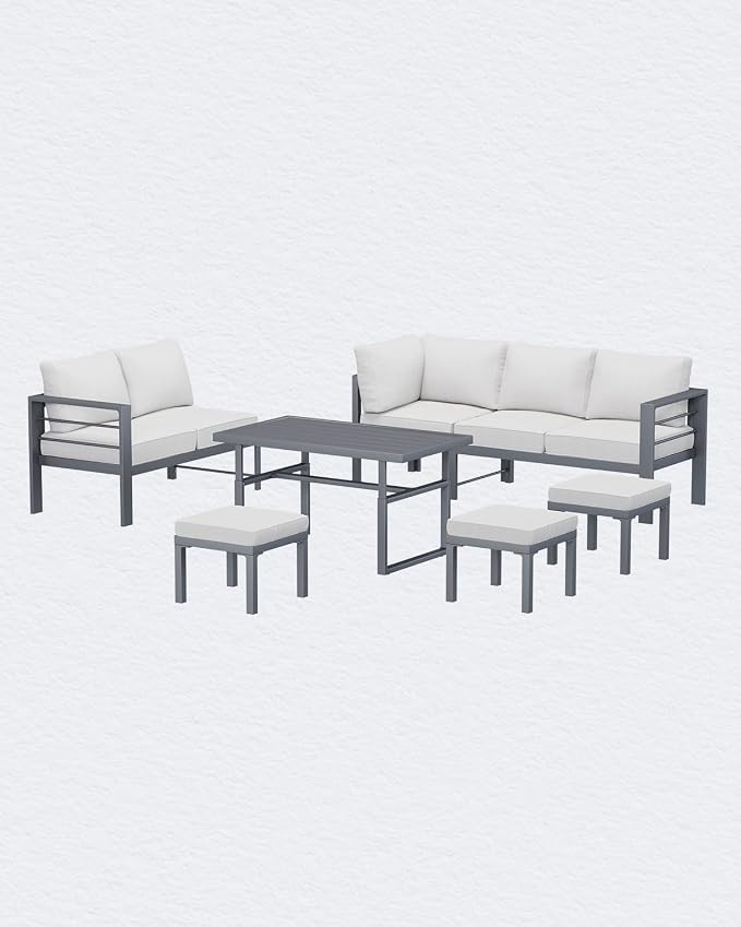AECOJOY Aluminum Patio Furniture Set, 8 Seats Modern Outdoor Furniture with Adjustable Table, 7 Pieces Metal Conversation Sectional Sofa, Light Gray