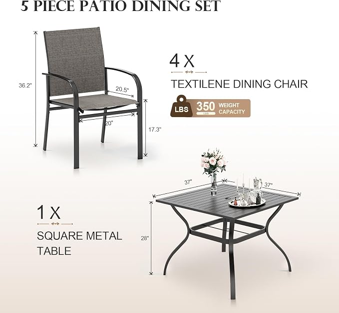HERA'S HOUSE 5pc Patio Dining Set for 4, Outdoor Metal Table & Brown Chairs | Textilene chairs + 37" square table with umbrella hole. Waterproof, rust-resistant, all-weather for backyard, porch