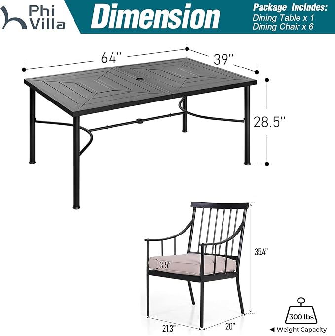 PHI VILLA 7 Piece Patio Dining Set, 64" Steel Table | Metal chairs, Fixed Chair, 1.57" umbrella hole, Cushions, powder-coated, 300 lb chair capacity