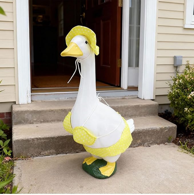 Porch Goose Summer Outfit, Yellow, 23'' Lawn Statue | Bikini Hawaiian Outfit, Hat & Sunglasses Included, Swimming Ring Included, For Cement or Plastic Goose
