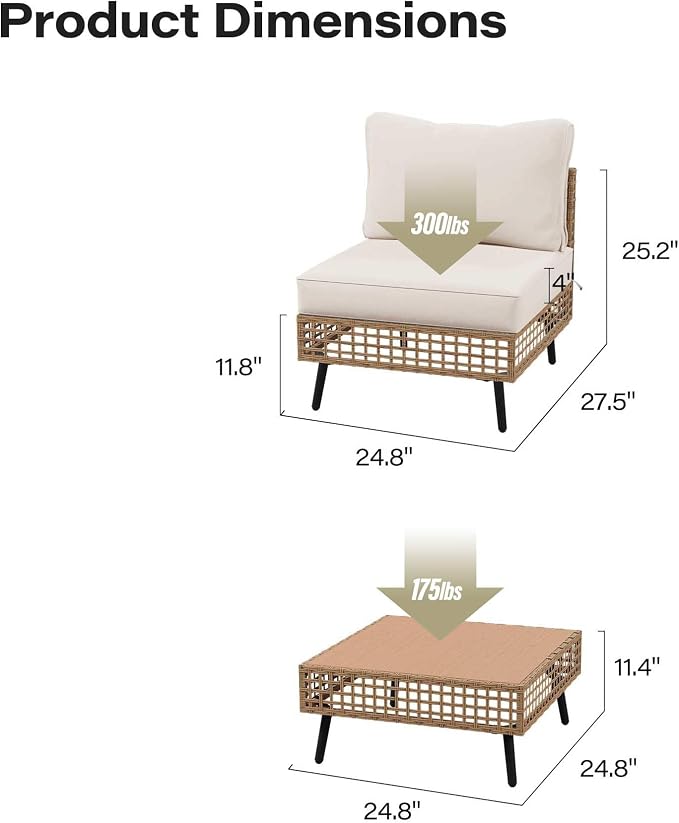 LAUSAINT HOME Outdoor 3 Pieces PE Wicker Patio Conversation Set, All-Weather Rattan Sectional Sofa with Thick Cushions & Coffee Table for Garden, Yard and Balcony (Beige)