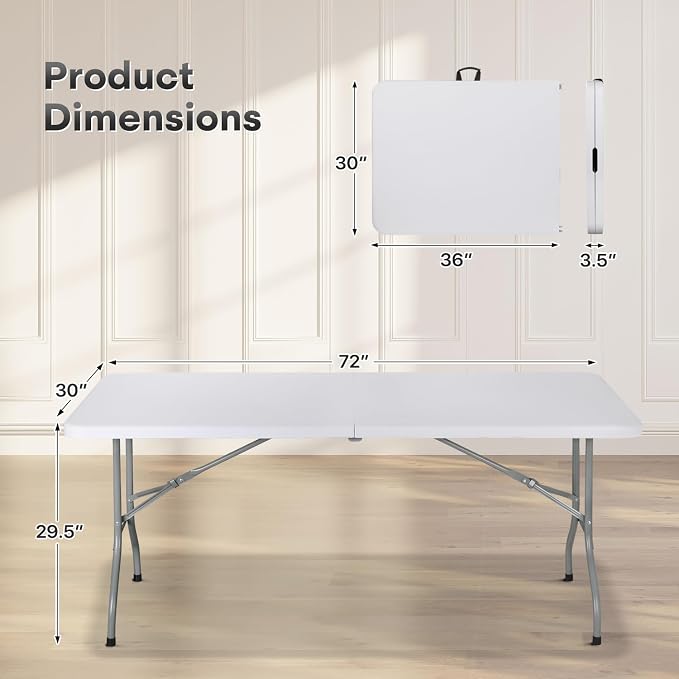 Athena Collection 6ft Folding Table, Lightweight Portable Desk with Handle, Square Foldable Plastic Table for Card Games, Collapsible Dining, Indoor Outdoor Camping Picnic & Party Use, White