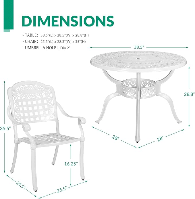 VIVIJASON 5-Piece Patio Furniture Dining Set, All-Weather Cast Aluminum Outdoor Conversation Set, Include 4 Chairs and 1 Round Table w/Umbrella Hole for Balcony, Lawn, Garden, Backyard, White
