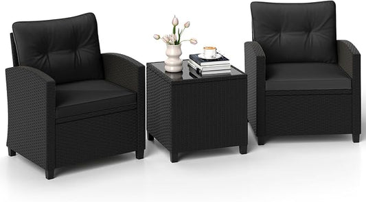 ORALNER 3 Pieces Patio Furniture Set, Wicker Conversation Set Outdoor Chairs with Cushions, Glass Coffee Table, Rattan Bistro Set for Front Porch Balcony Garden Deck Poolside (Black)