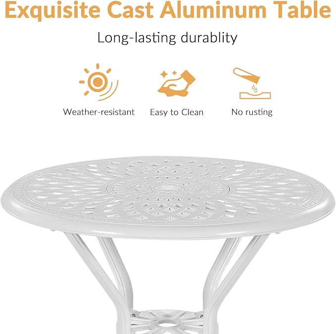 Cast Aluminum Patio Bar Table, 31" Outdoor Bar Height Bistro Table with 2" Umbrella Hole, Patio Bistro Round High Top Dining Table Pub Table for Porch Balcony Backyard, White