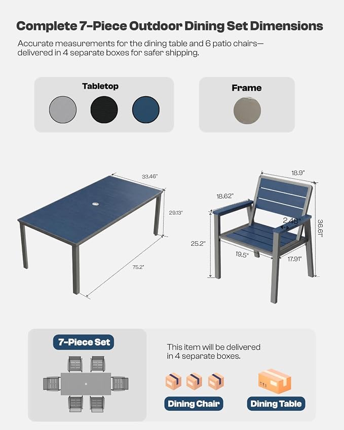 Outdoor Dining Set with Aluminum Frame for 4,Navy | HDPE table, chairs included, 2" umbrella hole, weather-resistant furniture, ideal for backyard, deck, porch, garden, poolside