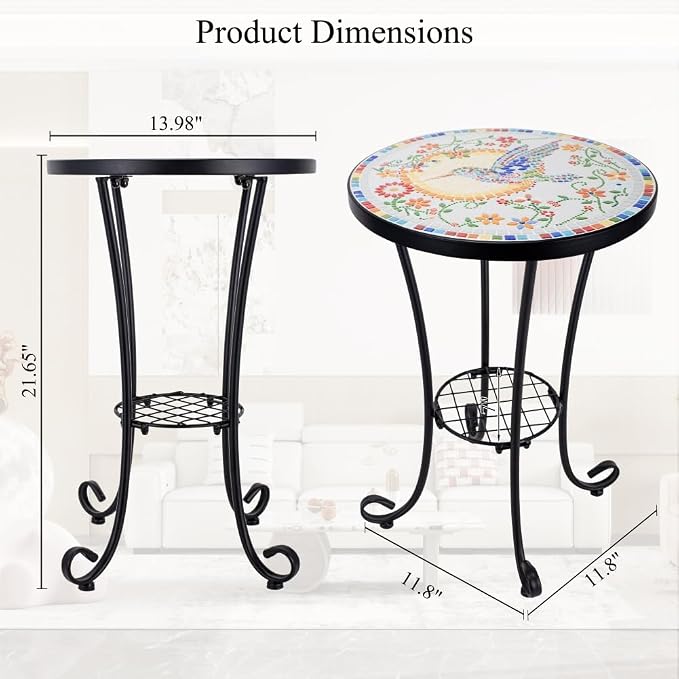 Mosaic Outdoor Side Table Small Round Patio Table Plant Stand | 21" Accent End Table with 14" Ceramic Tile Top for Small Spaces Porch Pool Garden Decor Indoor Living Room Bedroom Balcony
