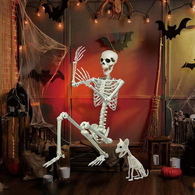 5.9Ft Halloween Life Size Skeleton with Cat for Halloween Party Decor | Plastic Skeletons with Movable Joints