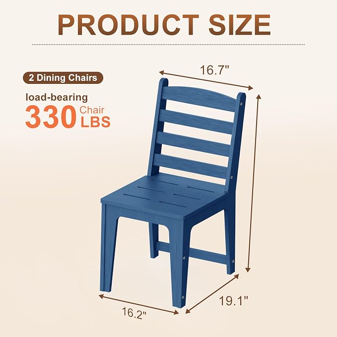 HDPE Outdoor Patio Dining Chair All Weather Resistant Set of 2, Blue | Slatted Back Dining Armless Chair, Weatherproof Outdoor Side Chair Patio Furniture for Poolside Garden Backyard Deck Indoor