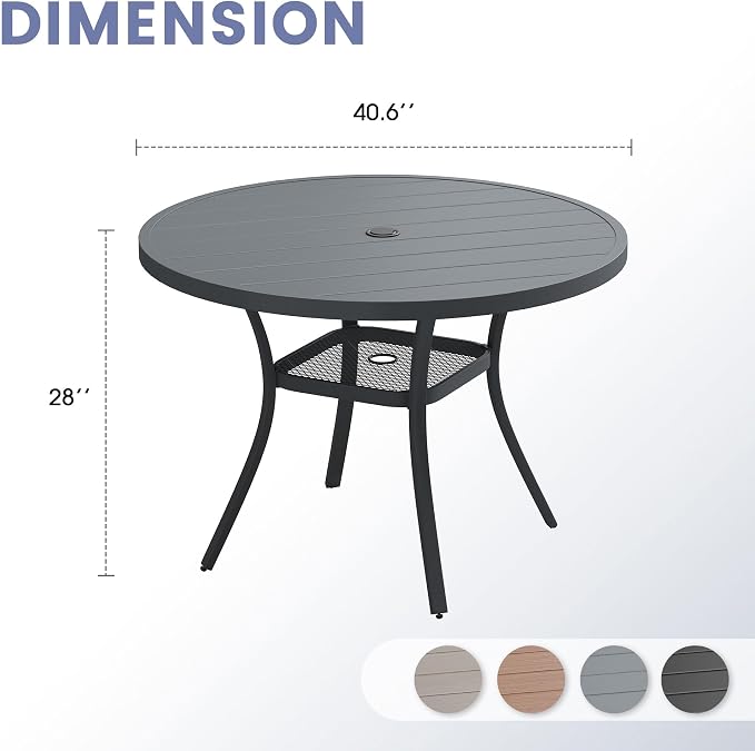 VICLLAX 40.6" Round Patio Table, Outdoor Dining Table for 4 with Umbrella Hole for Garden Lawn Deck Backyard, Dark Grey