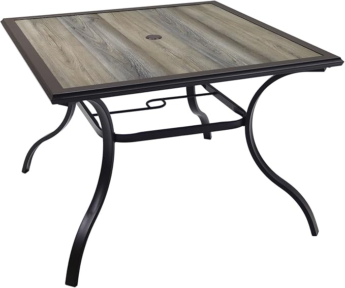 37" Square PVC Patio Dining Table with Brown Metal Steel Frame,Woodlike Top | Brown Metal Steel Frame, Woodlike PVC Top, 37" Square Table, 4 Person Use, 1.9" Umbrella Hole